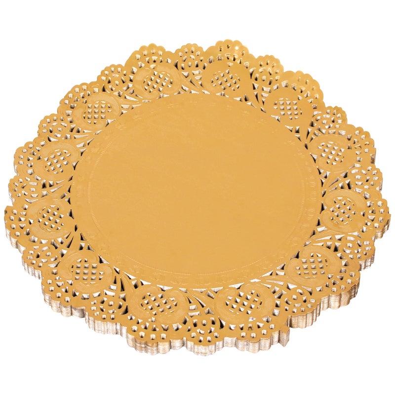 AMKOSKR 100 Pcs 12 Inch Round Lace Gold Paper Doilies Gold Foil Paper Placemats Doily Pad for Cakes Crafts Party Weddings Tableware Decor - Image 1